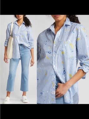 Frank & Eileen Joedy Blue Stripe Paint Splatter Relaxed Button-Up Shirt xl